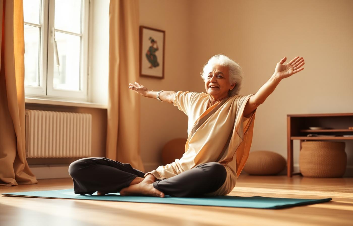 An older woman practicing yoga in a sunlit room